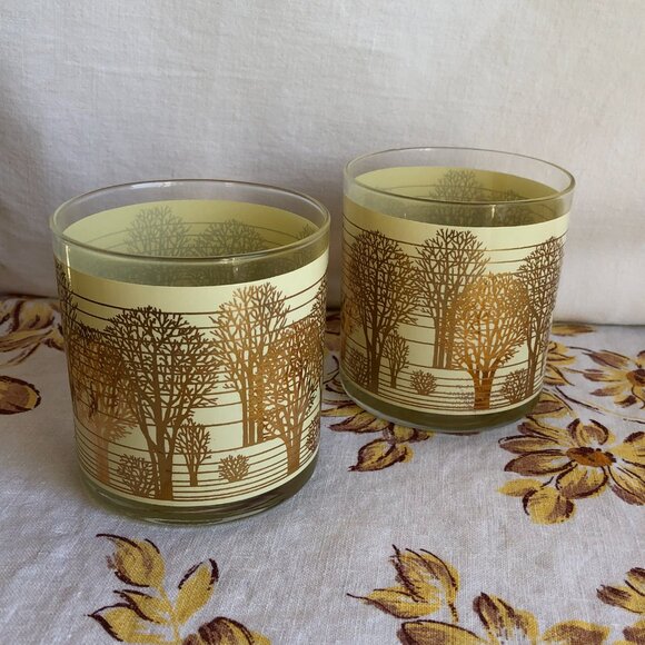 Vintage Beige and Gold Tree High Ball Glasses - Picture 2 of 5